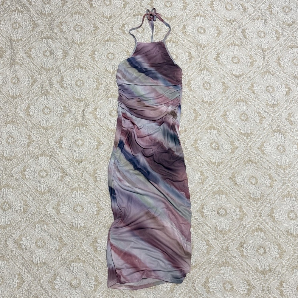 Caution To The Wind Y2K Stretch Halter Dress Small Ruched Whimsigoth Rave Fairy